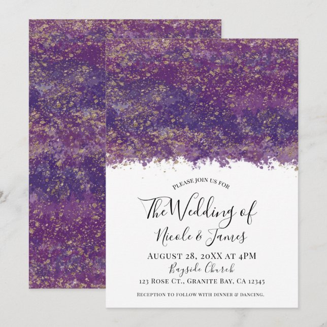 Invitación Boda Glam Moderna con Salpicaduras de Oro Púrpura  (Anverso / Reverso)