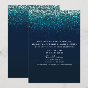 Invitación Boda Glam Moderna Destello Brillo Azul Marino Acuá