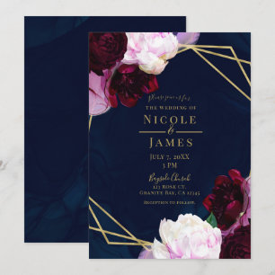 Invitación Boda Glam Moderna Floral Azul Marino Malhumorada