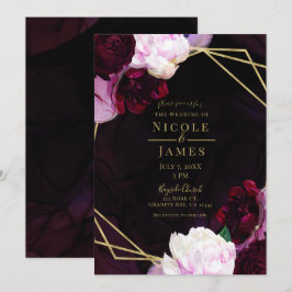Invitación Boda Glam Moderna Floral Malhumorada Vino Oscuro D