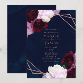 Invitación Boda Glam Moderna Floral Rosa Dorado Azul Marino