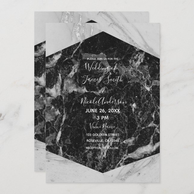 Invitación Boda Glam Moderna Mármol Blanco Negro y Plateado (Anverso / Reverso)