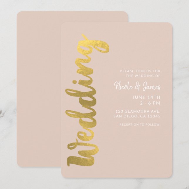 Invitación Boda Glam Moderno Brillante Falso Oro Hoja Beige (Anverso / Reverso)