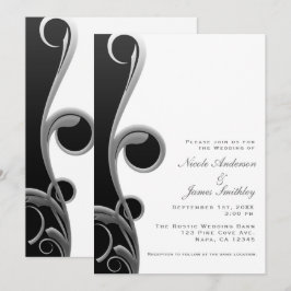 Invitación Boda Glam Negro Plateado Blanco Tornasol Elegante