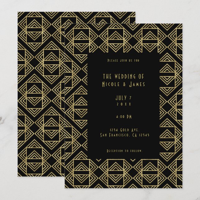 Invitación Boda Glam Retro Negra y Dorada Art Deco Audaz  (Anverso / Reverso)