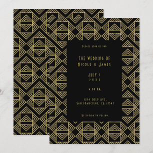 Invitación Boda Glam Retro Negra y Dorada Art Deco Audaz 