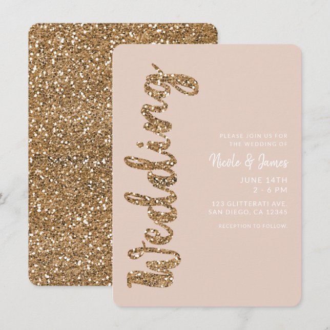 Invitación Boda Glam Rosa Dorado Brillo Moderno (Anverso / Reverso)