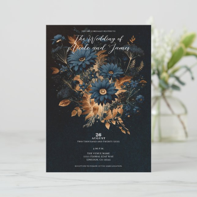 Invitación Boda Glam Rústica Boho Azul Marino Oscuro y Dorado (Anverso de pie)