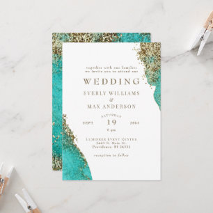 Invitación Boda Glam Turquesa y Dorado Metálico