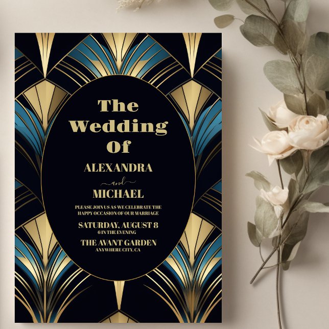 Invitación Boda Glamoroso Azul y Oro Art Deco (Subido por el creador)