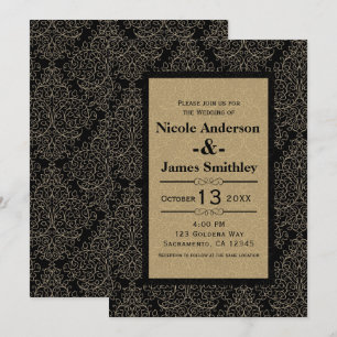Invitación Boda Glamour Art Déco Damasco Dorado y Negro