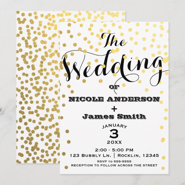 Invitación Boda Glamour Blanco y Dorado con Confeti de Hologr (Anverso / Reverso)