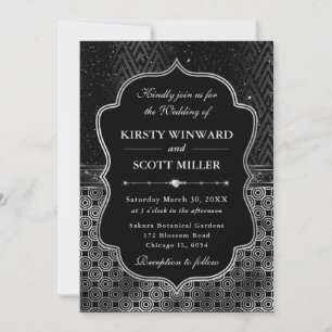 Invitación Boda Glamurosa Art Déco Negra Plateada