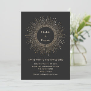 Invitación Boda Glamurosa Art Déco Resplandeciente de Oro Neg