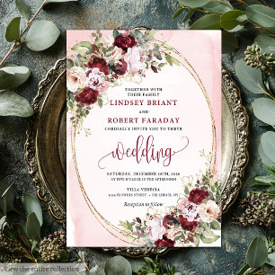 Invitación Boda Glamurosa Boho Burgundy Rubor Rosas Doradas 