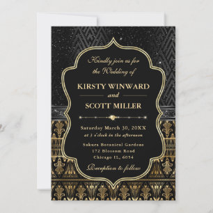 Invitación Boda Glamurosa con Adornos Negros y Dorados Art Dé