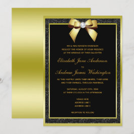 Invitación Boda Glamurosa con Lazo Dorado y Brillo Negro