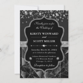 Invitación Boda Glamurosa de Diamantes Brillantes Negro y Pla
