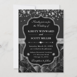 Invitación Boda Glamurosa de Diamantes Brillantes Negro y Pla