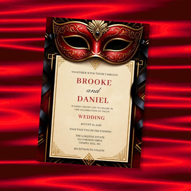 Invitación Boda Glamurosa de Máscara Roja Art Déco (Subido por el creador)