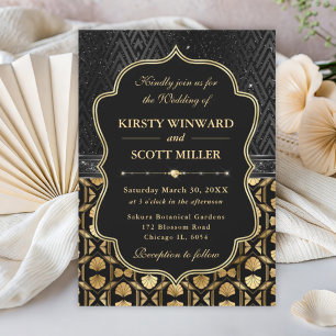 Invitación Boda Glamurosa Ornamentada Art Déco Negro Dorado