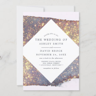 Invitación Boda Glamurosa Purpura Dorada con Brillo Iridescen