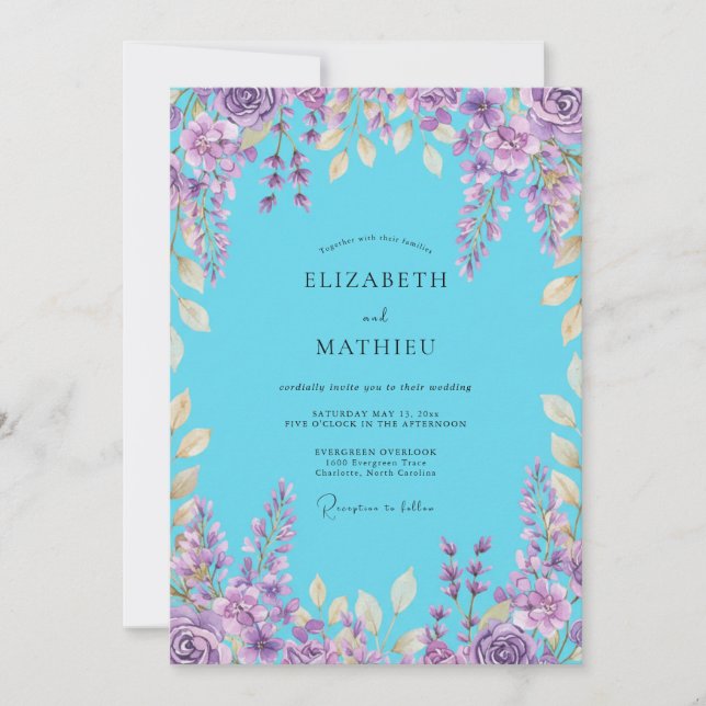 Invitación Boda glicina lila azul celeste (Anverso)