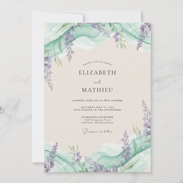 Invitación Boda glicina lila celadón (Anverso)
