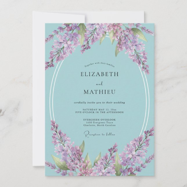 Invitación Boda glicina morada cielo (Anverso)