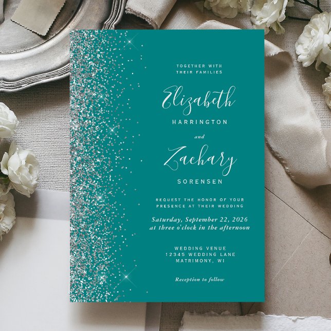 Invitación Boda Glitter Borde Azul Teal Moderno Plata (Subido por el creador)