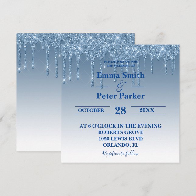 Invitación Boda Glitter Brillante Azul Precioso (Anverso / Reverso)
