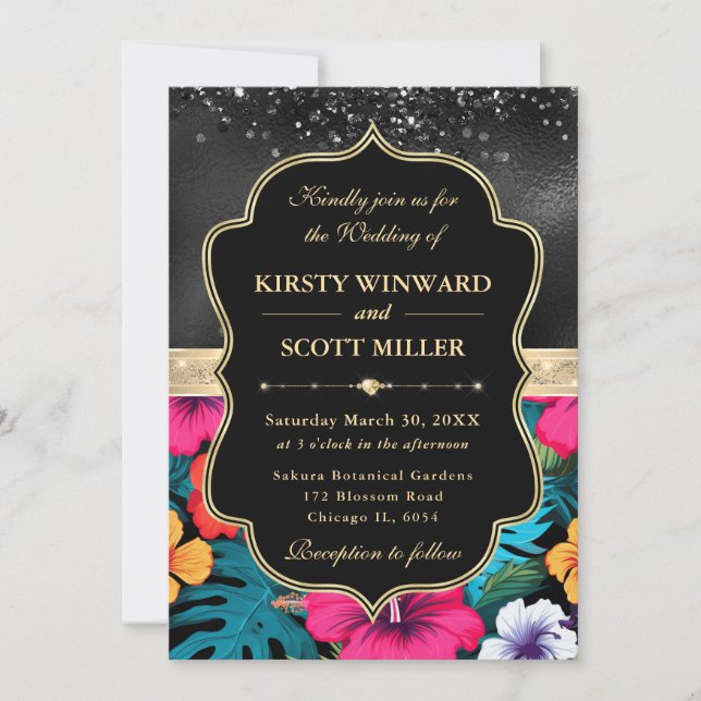 Invitación Boda Glitter de Hibisco Tropical (Anverso)