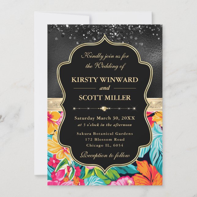 Invitación Boda Glitter de Hibisco Tropical (Anverso)