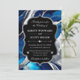 Invitación Boda Glitter de Mármol Agata Plateada Azul