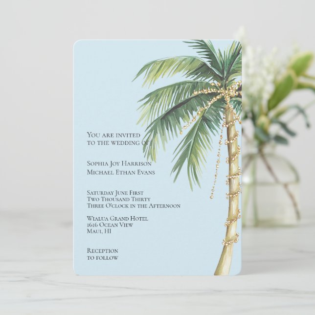 Invitación Boda Glitzy Palm Tree Tropical Blue Gold (Anverso de pie)