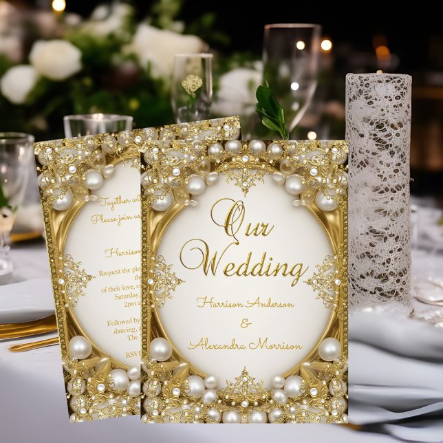 Invitación Boda Gold Blanco beige Crema Perlas Marco ovalado (Subido por el creador)