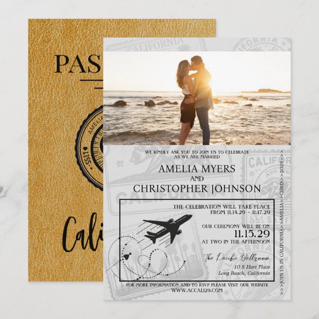 Invitación Boda Gold California Passport (Anverso / Reverso)