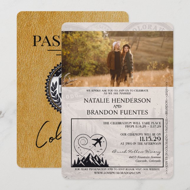 Invitación Boda Gold Colorado Passport (Anverso / Reverso)
