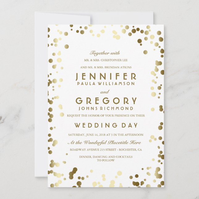 Invitación Boda Gold Confetti Blanco Moderno y Elegante (Anverso)