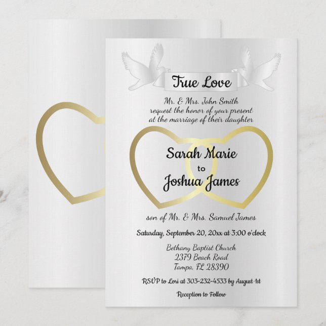 Invitación Boda Gold de doble corazón (Anverso / Reverso)