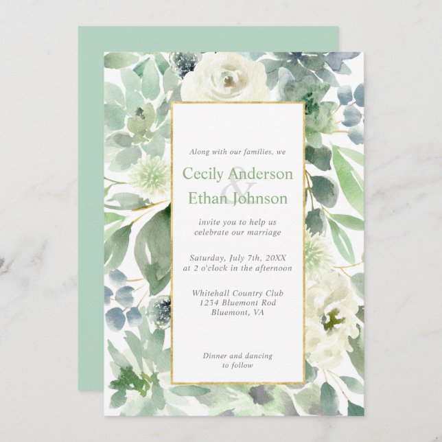 Invitación Boda Gold de Flores Blancas y Éxitos Verdes Pálido (Anverso / Reverso)
