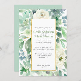 Invitación Boda Gold de Flores Blancas y Éxitos Verdes Pálido