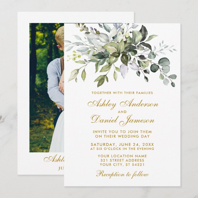 Invitación Boda Gold de Watercolor Greenery Photo (Anverso / Reverso)