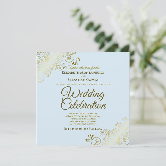 Invitación Boda Gold Filigree Elegant Powder Blue Square (Anverso de pie)
