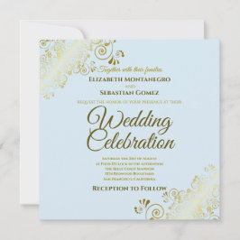 Invitación Boda Gold Filigree Elegant Powder Blue Square