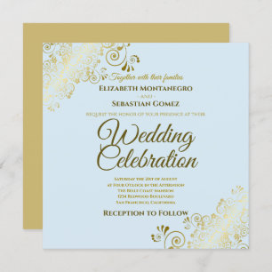 Invitación Boda Gold Filigree Elegant Powder Blue Square
