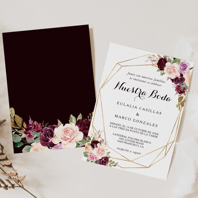 Invitación Boda Gold Geométrico Burgundy Floral Español (Subido por el creador)