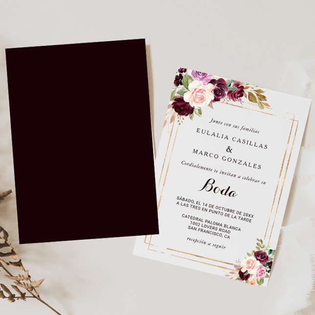 Invitación Boda Gold Geométrico Burgundy Floral Español (Subido por el creador)