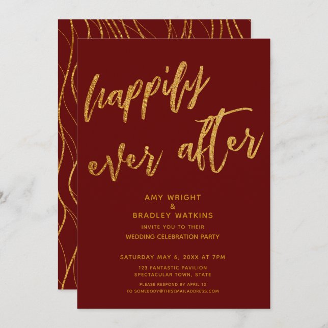Invitación Boda Gold Happily Ever After Recepción Burgundy (Anverso / Reverso)