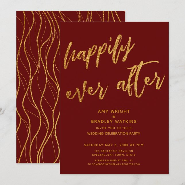 Invitación Boda Gold Happily Ever After Recepción de Burgundy (Anverso / Reverso)